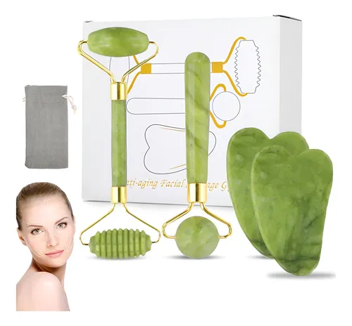 AOKUN Kit 5pzs Rodillo De Masaje De Jade Gua Sha Facial Cuello