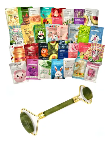 Kit 10 Mascarillas Faciales Hidratantes + Rodillo De Jade Todo Tipo De Piel