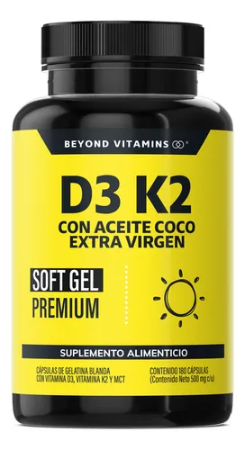 Vitamina D3 + Vitamina K2 con Aceite de Coco Extra Virgen | MCT (Trigliceridos) Aceite Coco Capsulas| Cápsula Blanda Premium - Vitaminas Mujer / Hombre - (180 Caps)