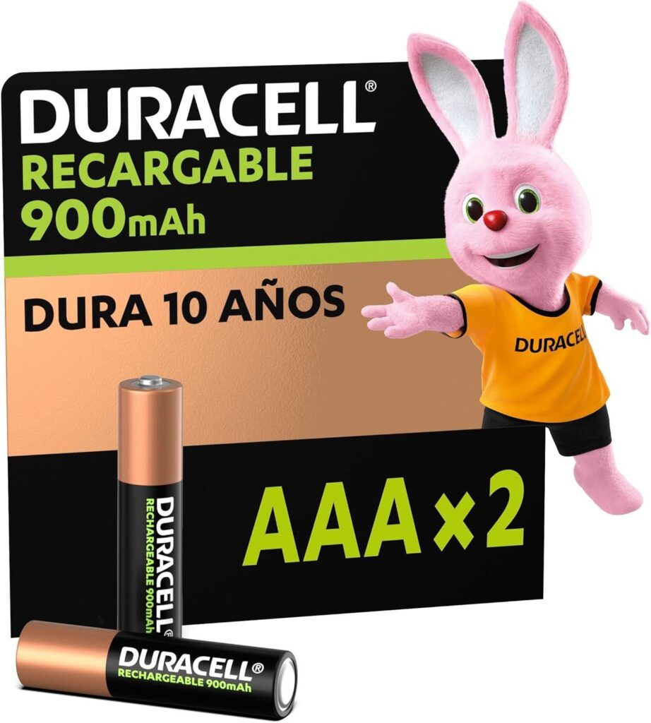 Duracell Pilas Recargables Pilas AAA Pre-cargadas con 900 mAh hasta 100 Recargas Incluye 2 Pilas, Negro