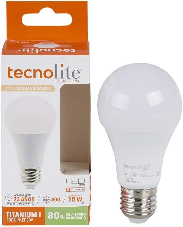 Tecnolite - Foco A19 LED 10 W, Luz Suave Cálida, Base E27, Atenuable