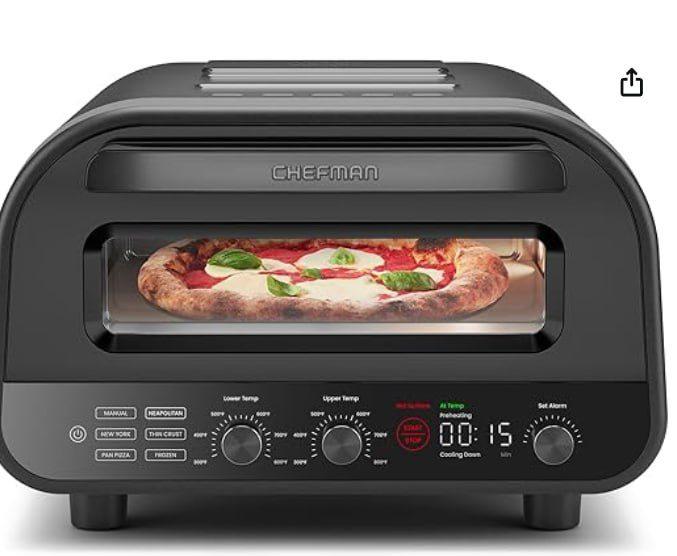 CHEFMAN Horno de pizza para interiores – 12 pulgadas, hasta 800 °F, 5 ajustes en pantalla táctil, negro
