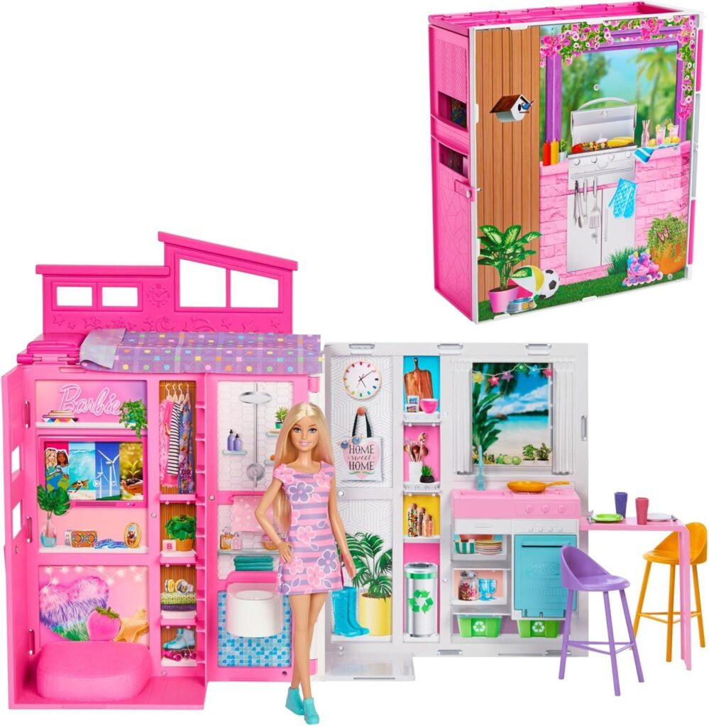 Barbie Casa Glam, Casa de Muñecas Plegable con 4 Zonas de Juego y Muñeca Incluida, para Niñas de 3 Años en Adelante