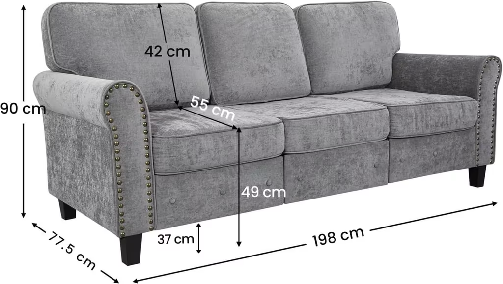 FABATO Sofa para Sala de 3 Plazas – Sillon de Lino con Marco y Patas de Madera – Relleno de Alta Resistencia y Brazos con Estilo y Ribetes de Remache (Gris)